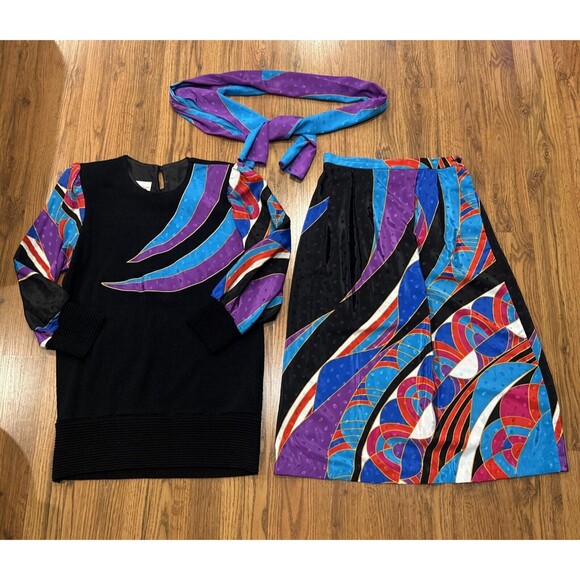 Anthony Sicari 3pc Sweater Top Silky Skirt & Scarf Womens 6 Retro Vintage USA - Picture 1 of 11